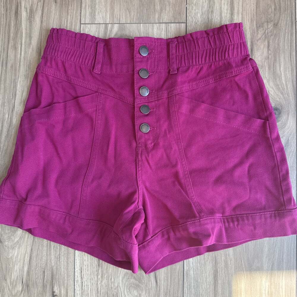 Knox Rose Women's High-Rise Yolk Stitch Shorts Magenta Sz XS Paper-bag Waist